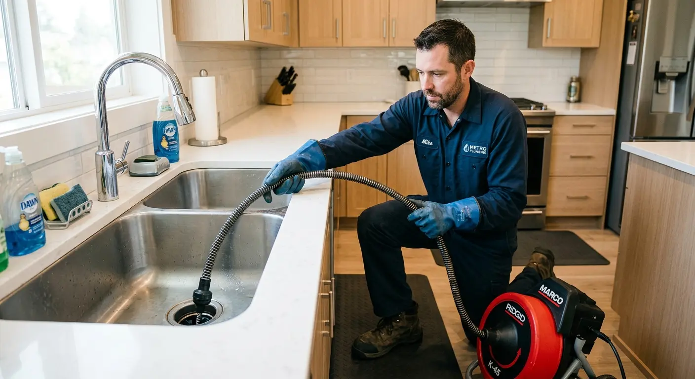 Drain cleaning technician using a motorized snake on a kitchen sink in Laurel